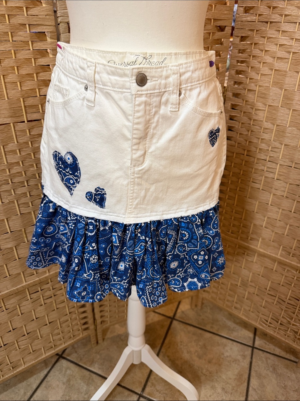 Hand Crafted White Mini Skirt with Blue Bandana Ruffle and Heart Appliqués